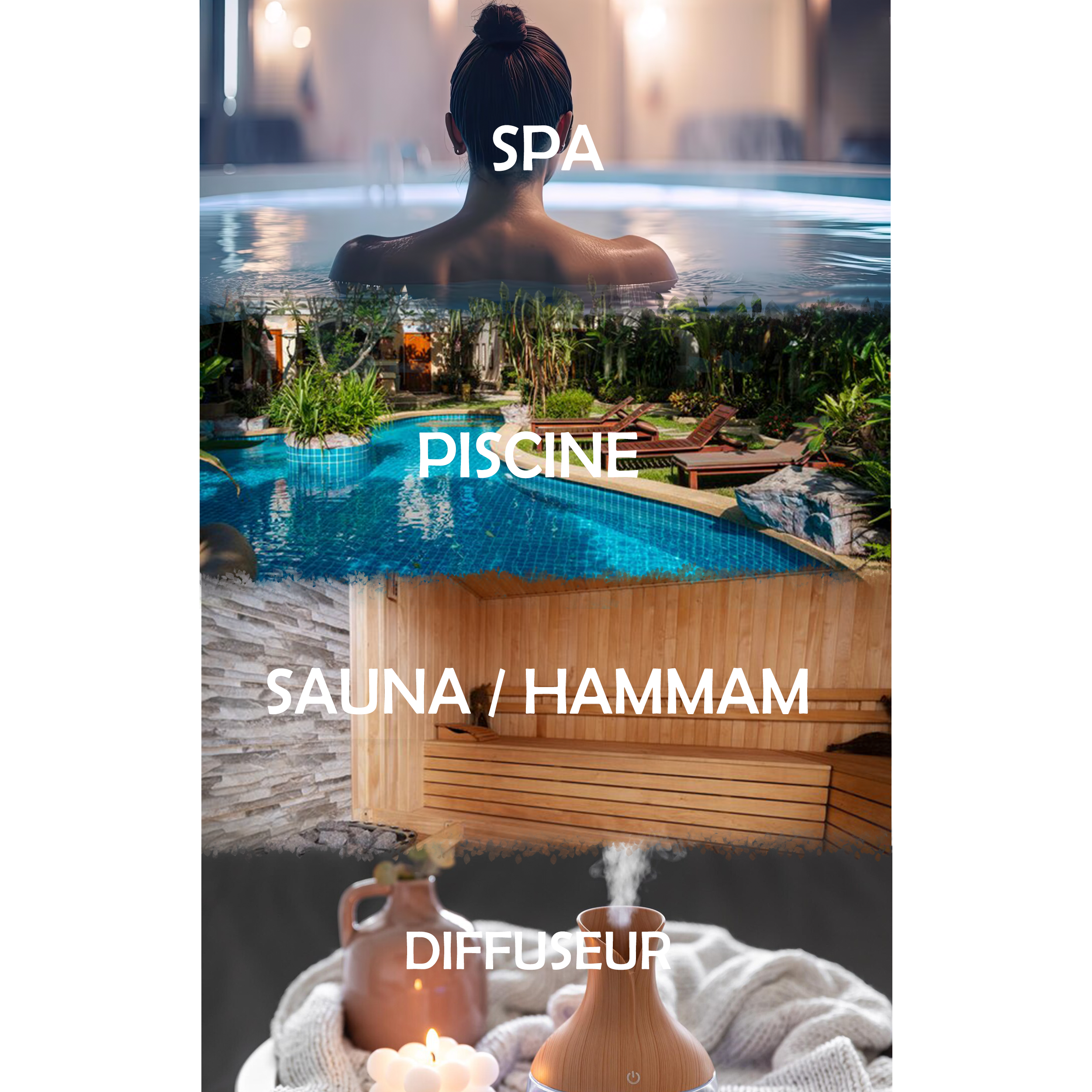 bandeau des 5 type d'utilisation de nos parfums kikao: spa, piscine, sauna, hammam, diffuseur