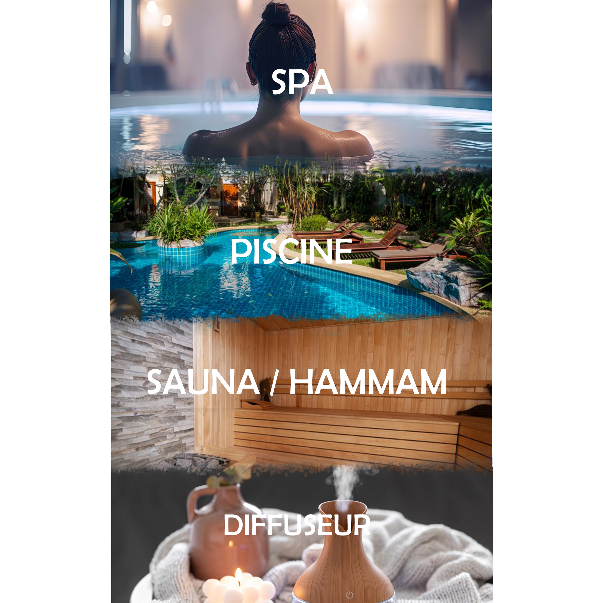 bandeau des 5 type d'utilisation de nos parfums kikao: spa, piscine, sauna, hammam, diffuseur