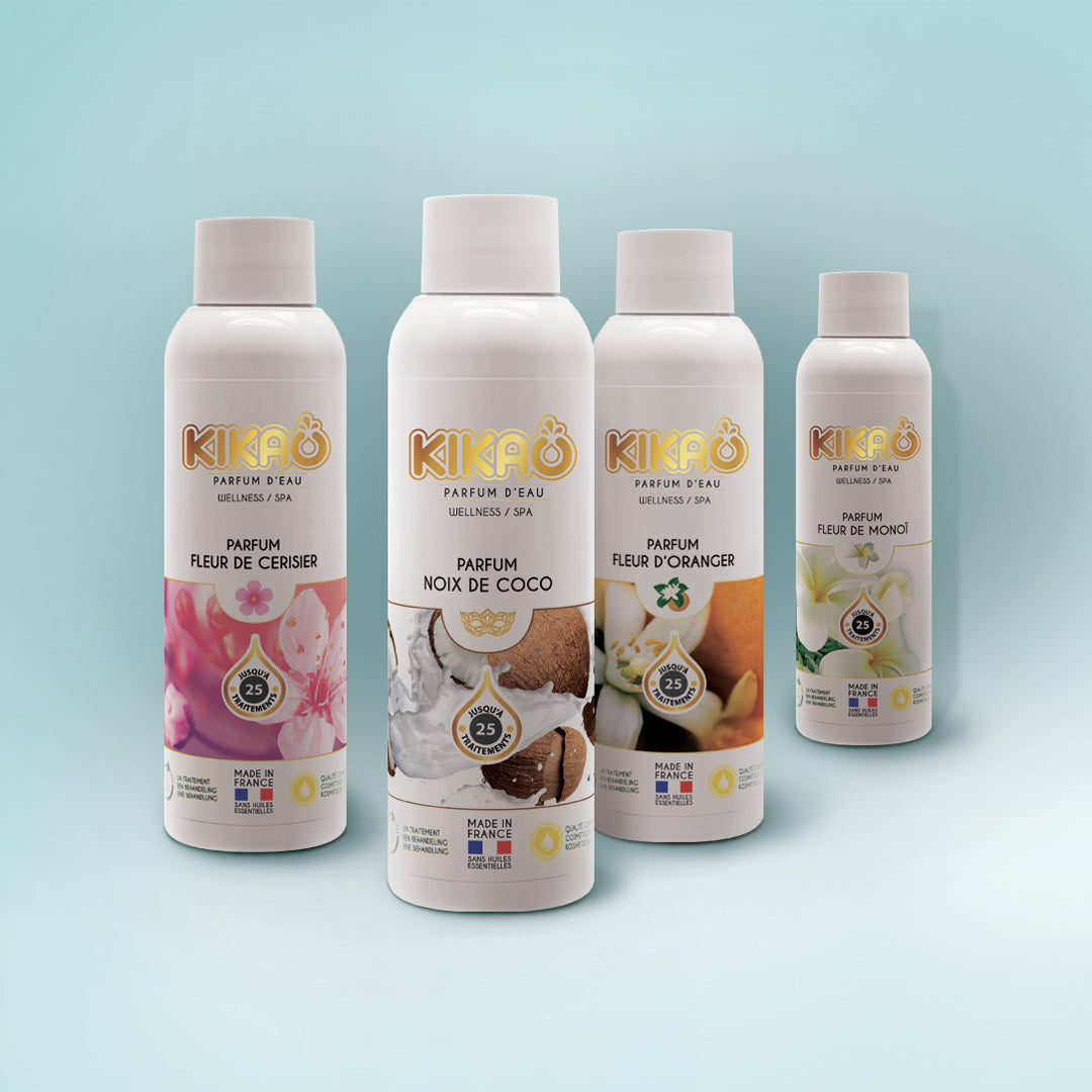projction des 4 parfums floraux et fruités en 125g sur fond vert d'eau 