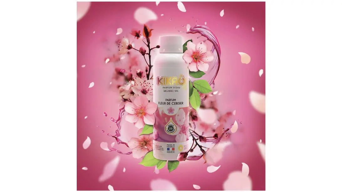 image spectaculaire du bidon de parfum kikao 125g entouré de fleur de cerisier 